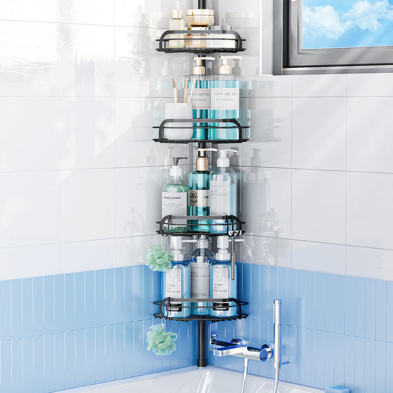 Shower Caddy Tension Pole, LAMU 4-Tier Adjustable Shelves Corner Shower Caddy Storage Organizer Stainless Steel for Bathroom