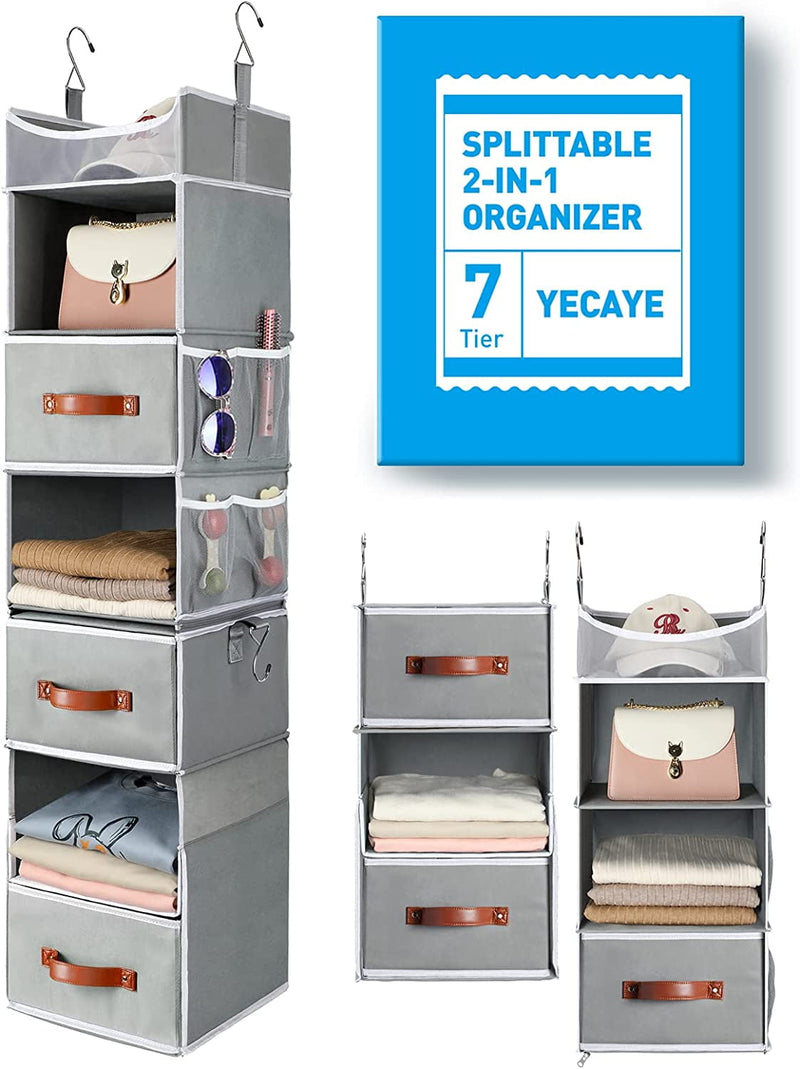 Yecaye 7-Shelf Hanging Closet Organizer with 3 Removable Drawers & Side Pockets Hanging Shelf Organizer for Closet