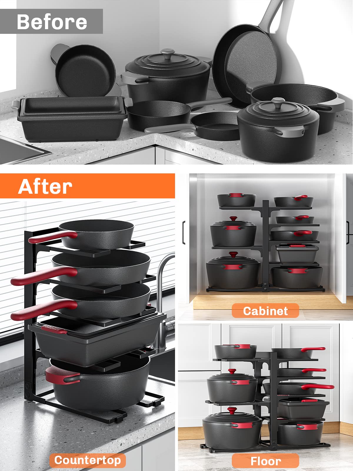 MUDEELA Pots and Pans Organizer for Cabinet, 8 Tier Pot Rack with